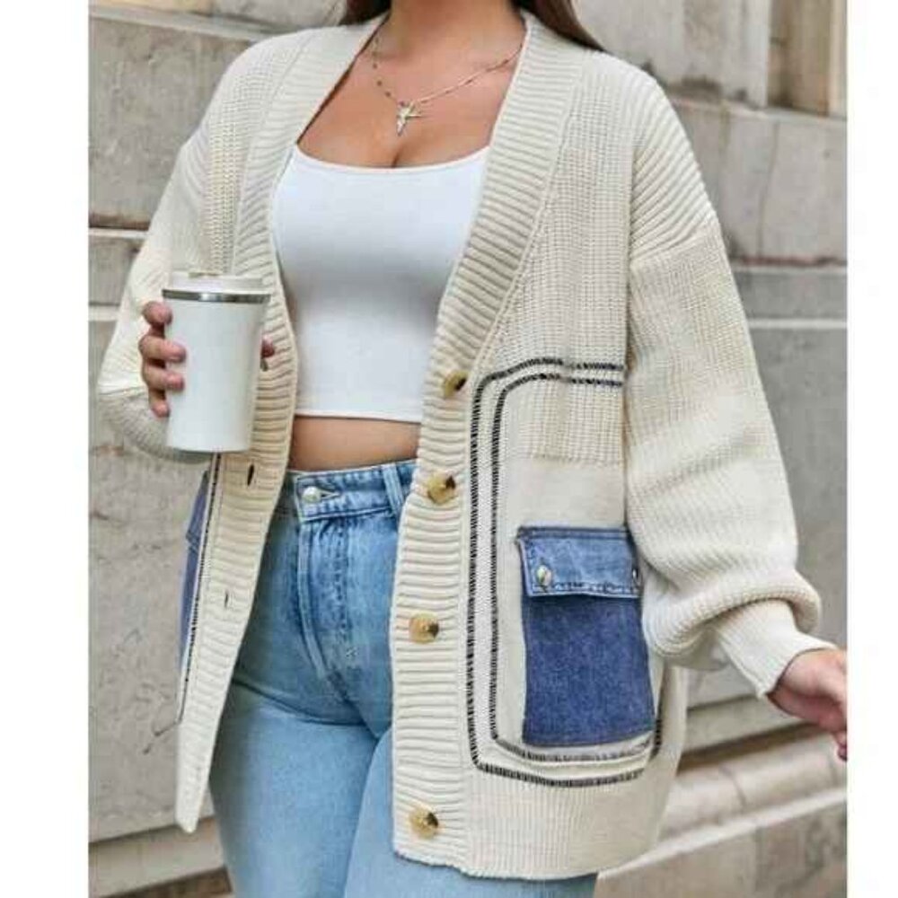 Cozy Denim Pockets Color Block Button Down Cardig… - image 1